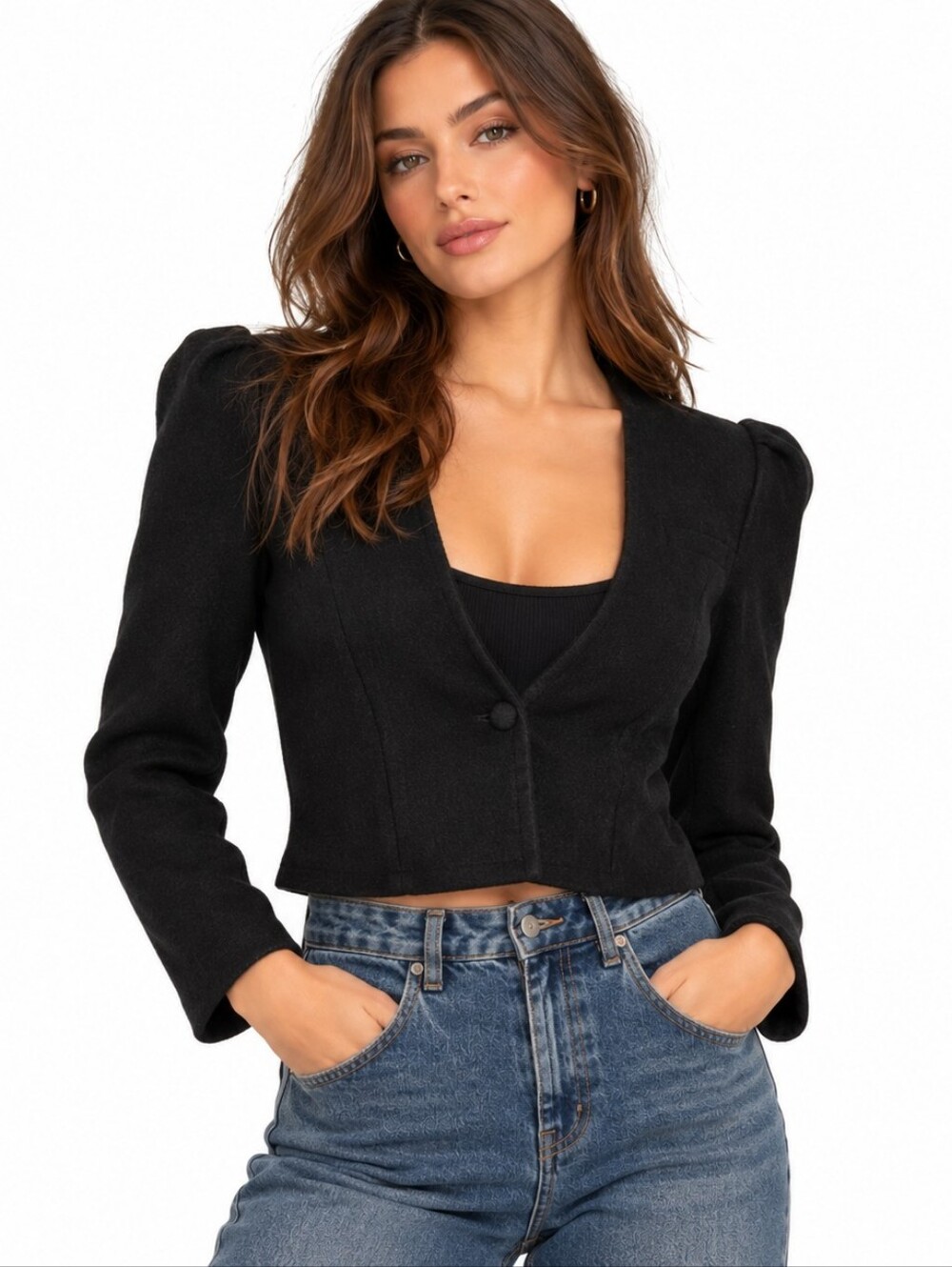 Prophecy Vintage Wool Cropped Blazer Size 4 Black Puff Sleeve 80s